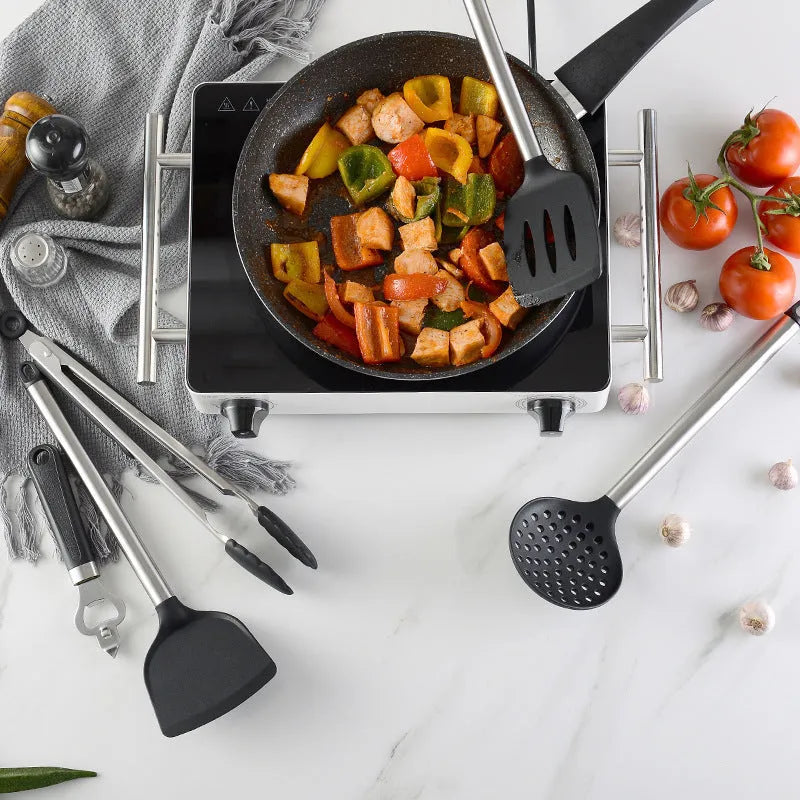 Black silicone kitchen utensil set with stainless steel handles - 16 pieces for cooking