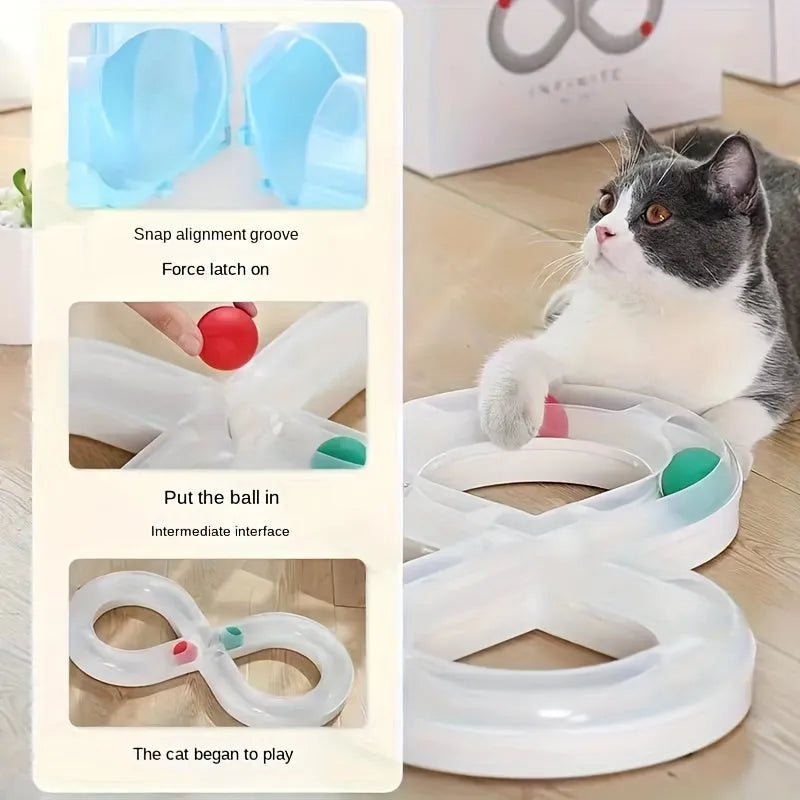 Blue and white cat toy turntable track with ball and teasing stick measuring 50cm length