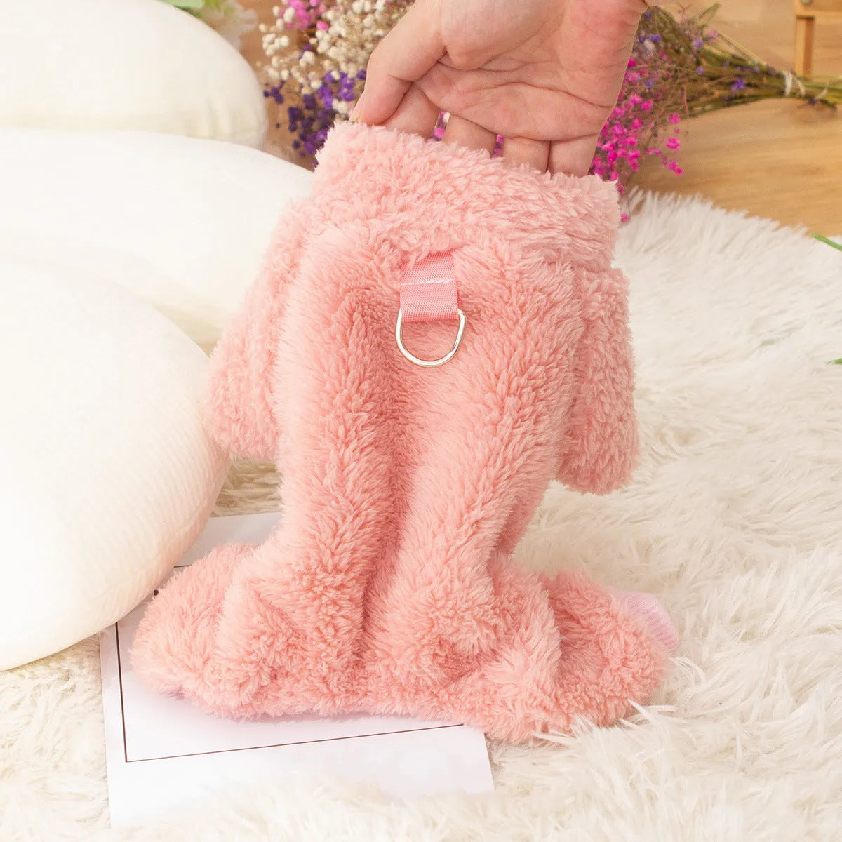 Four-legged thick plush dog clothes with high collar and towing ring in blue colour