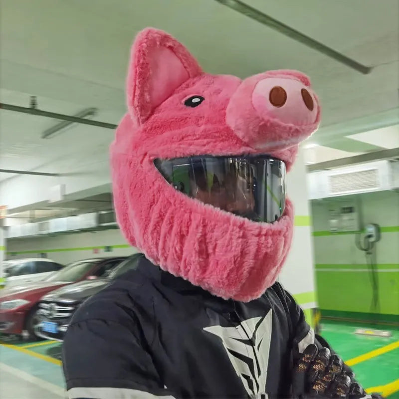 Pink pig cartoon design plush protective hood for motorcycle helmet storage