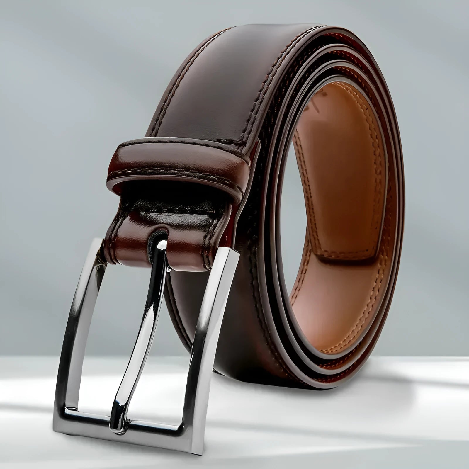 Men's brown genuine leather belt with 95 grain texture and metal alloy buckle laid flat.