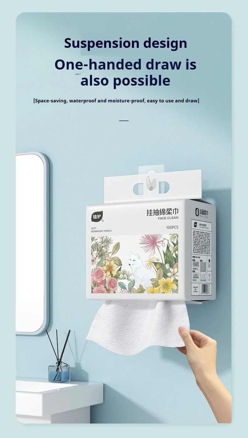 Disposable hanging face cloth roll with 100 sheets of thickening viscose-polyester material