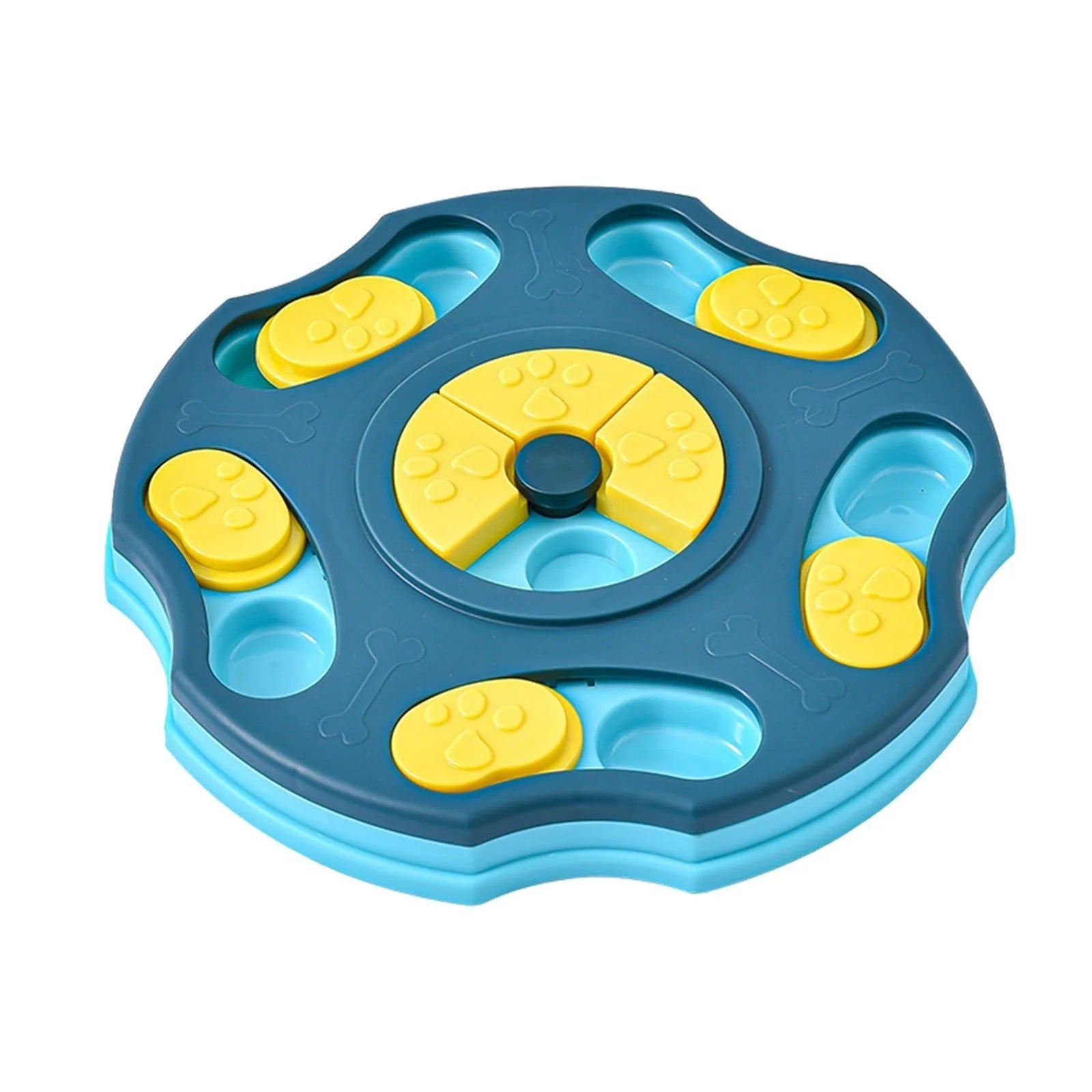Blue and pink interactive dog puzzle feeder toy for slow eating and mental games
