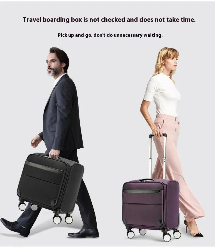 Black 18-inch Oxford cloth cabin suitcase with telescopic handle and universal wheels.
