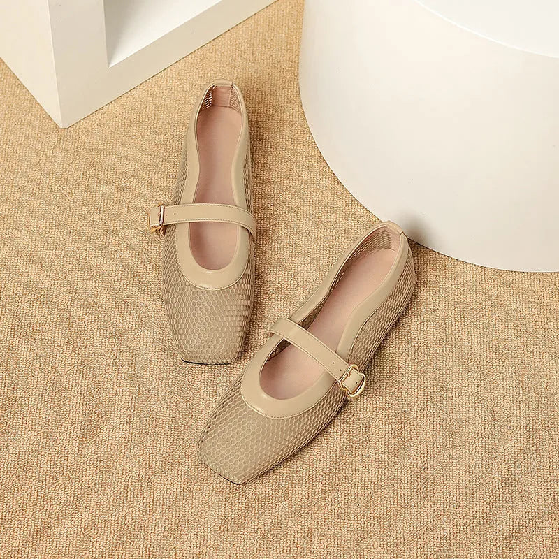 Women's beige mesh low-heel pump with square toe and buckle fastening.