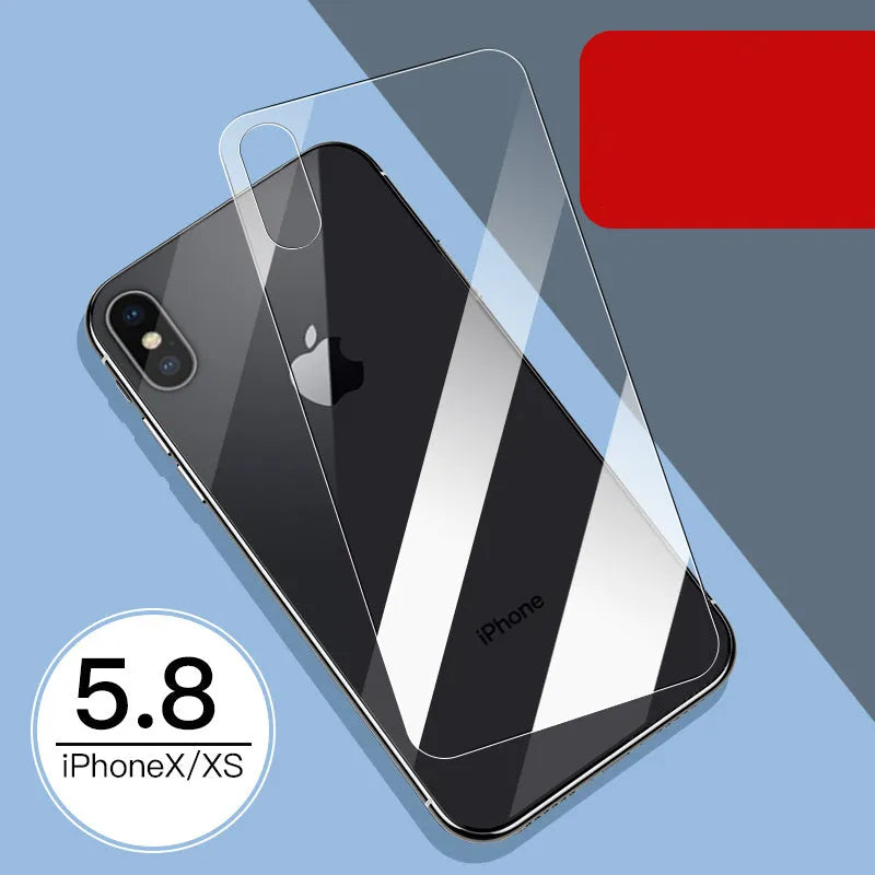 Apple iPhone tempered glass screen protector film for front and rear protection.