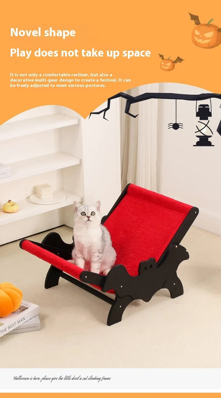 Black and red Halloween themed wooden cat recliner bed on elevated platform