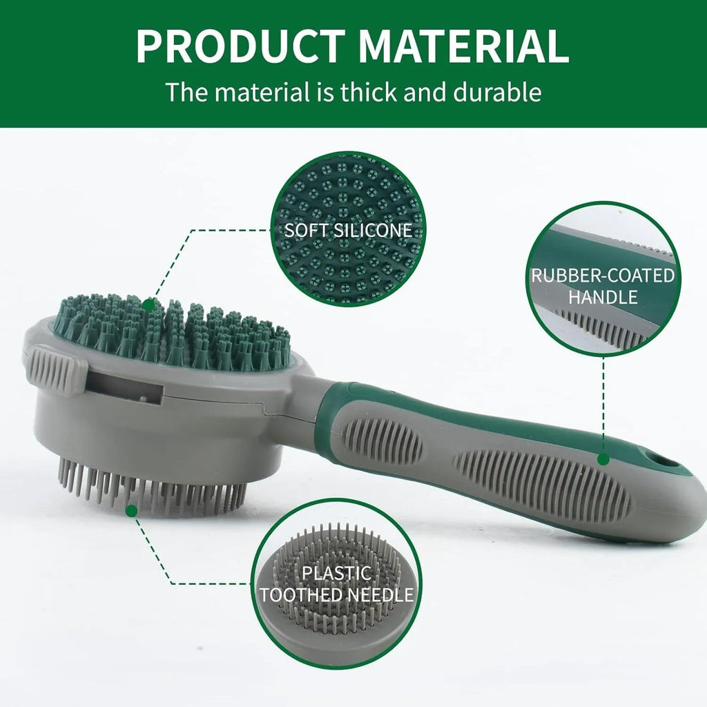 Green and pink dual-sided pet grooming brush with silicone massager and retractable slicker brush.