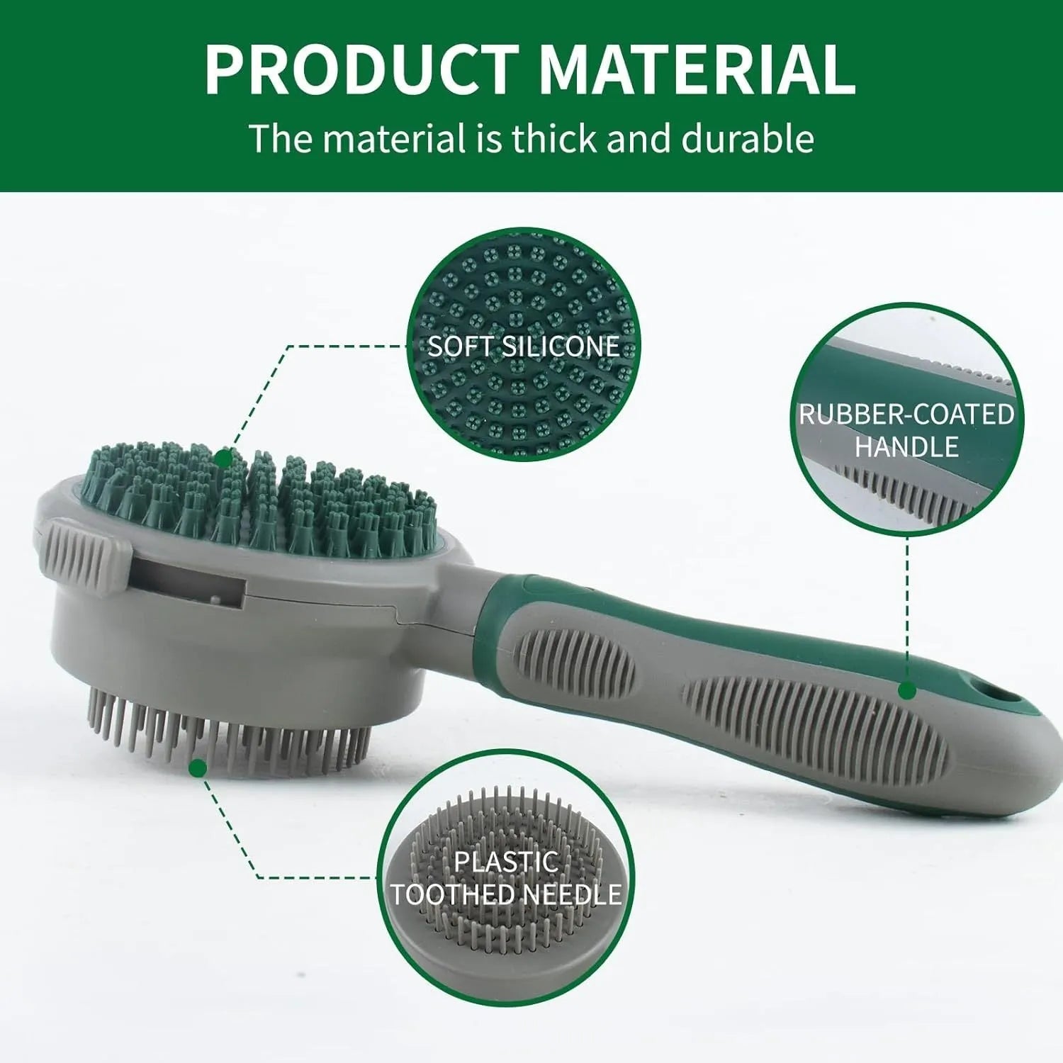 Green and pink dual-sided pet grooming brush with silicone massager and retractable slicker brush.