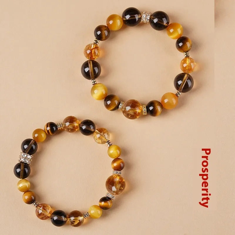 Lucky Jinba natural yellow crystal tiger-eye bracelet in geometric design, showing 10mm and 12mm size options