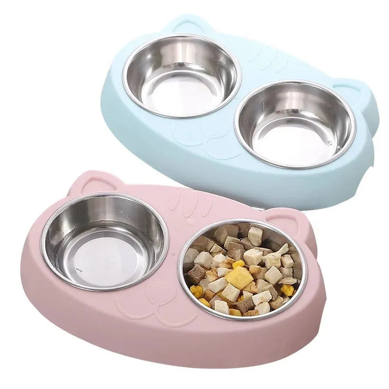 Blue plastic double bowl pet feeder with adjustable divider for cat and dog food and water