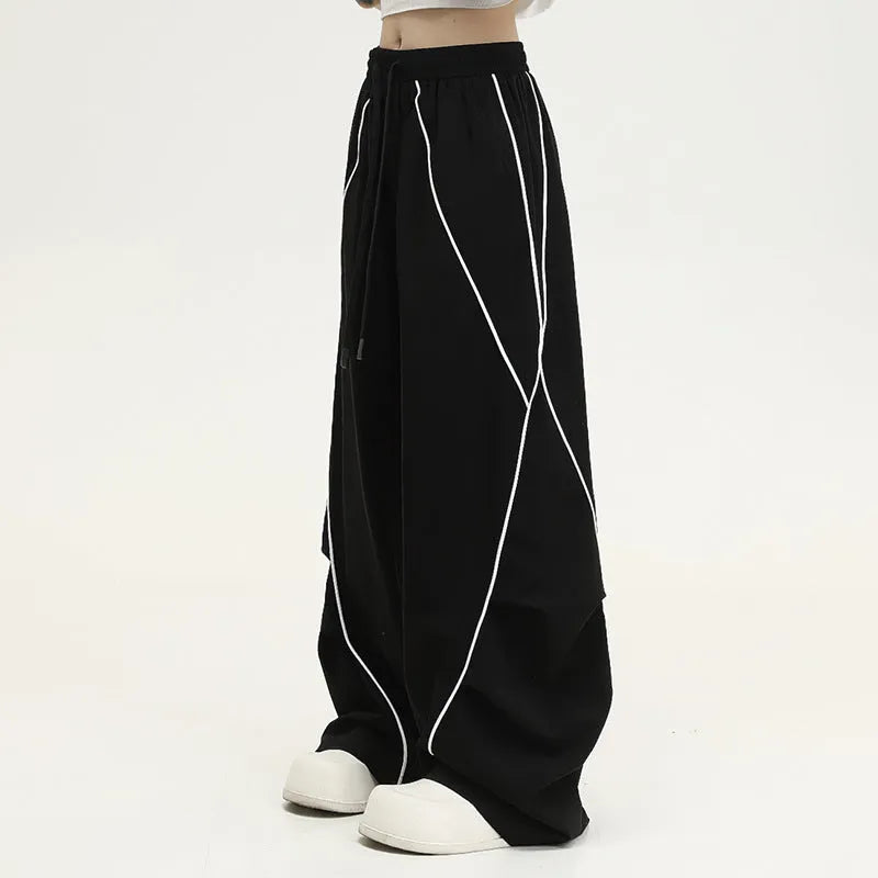 Black striped pleated wide-leg hip hop sports pants in loose fit design
