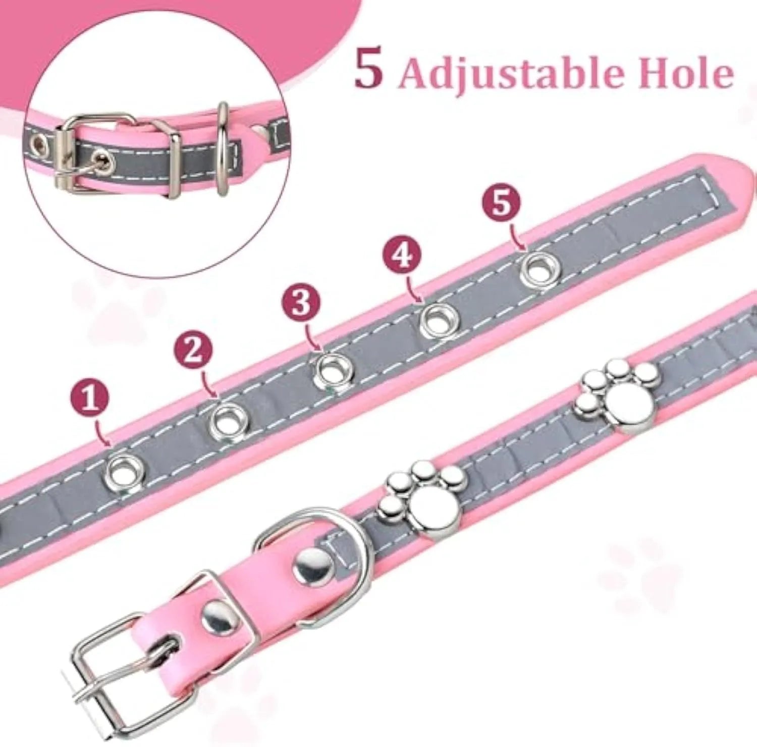 Reflective leather dog collar with paw rivet design in adjustable sizes for dogs