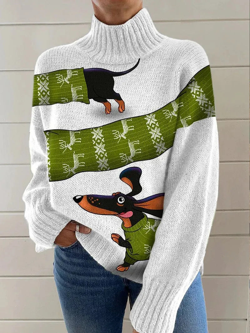 Women's loose-fit Christmas printed turtleneck sweater in macaron colours.