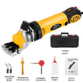 Yellow-handled electric sheep shears with blades and accessories inside a plastic storage box.