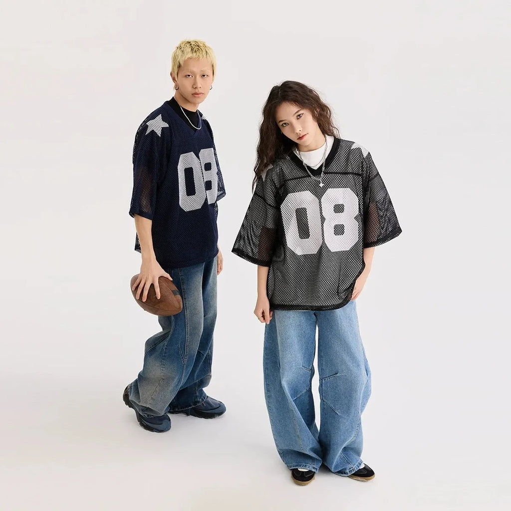 Loose fit half sleeve polyester shirt with letter pattern in black or navy blue