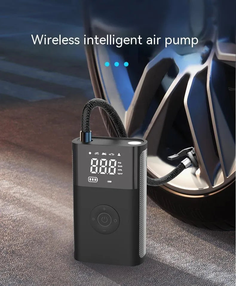 Black handheld wireless digital air pump with LCD screen and LED light, with assorted inflation nozzles
