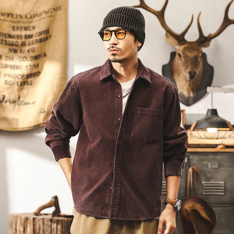 Men's retro corduroy casual jacket in loose fit with long sleeves