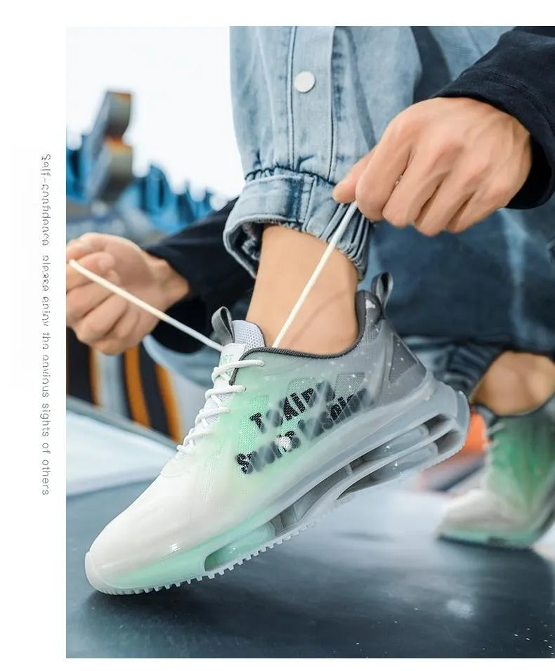 Men's platform sneakers with mesh upper in black green, gray green, and gray orange colours
