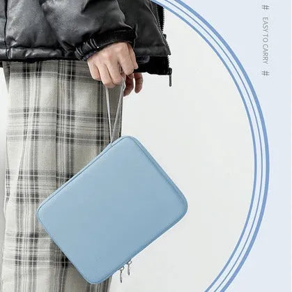 Imitation leather tablet protective case in light grey, black, pink, and sky blue colours for 10.9 inch and 12.9 inch tablets.