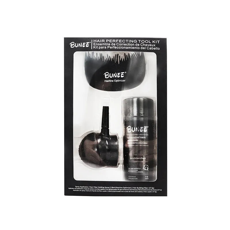Dense Hair Fibre Powder three-piece set showing powder bottle, applicator brush and travel case.