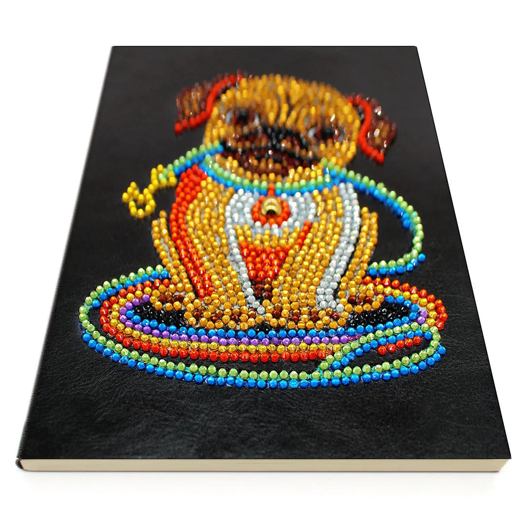 Black A5 DIY diamond painting notebook with blank pages, shown closed and open.