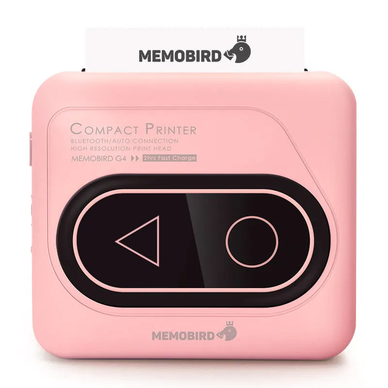 Portable Bluetooth thermal mini printer in avocado green, pink, yellow duck, or white, showing compact size next to a smartphone.