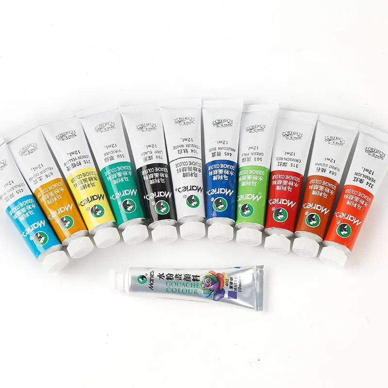 Gouache paint set boxes showing 12, 18, and 24 colour options with 5ml and 12ml tube sizes