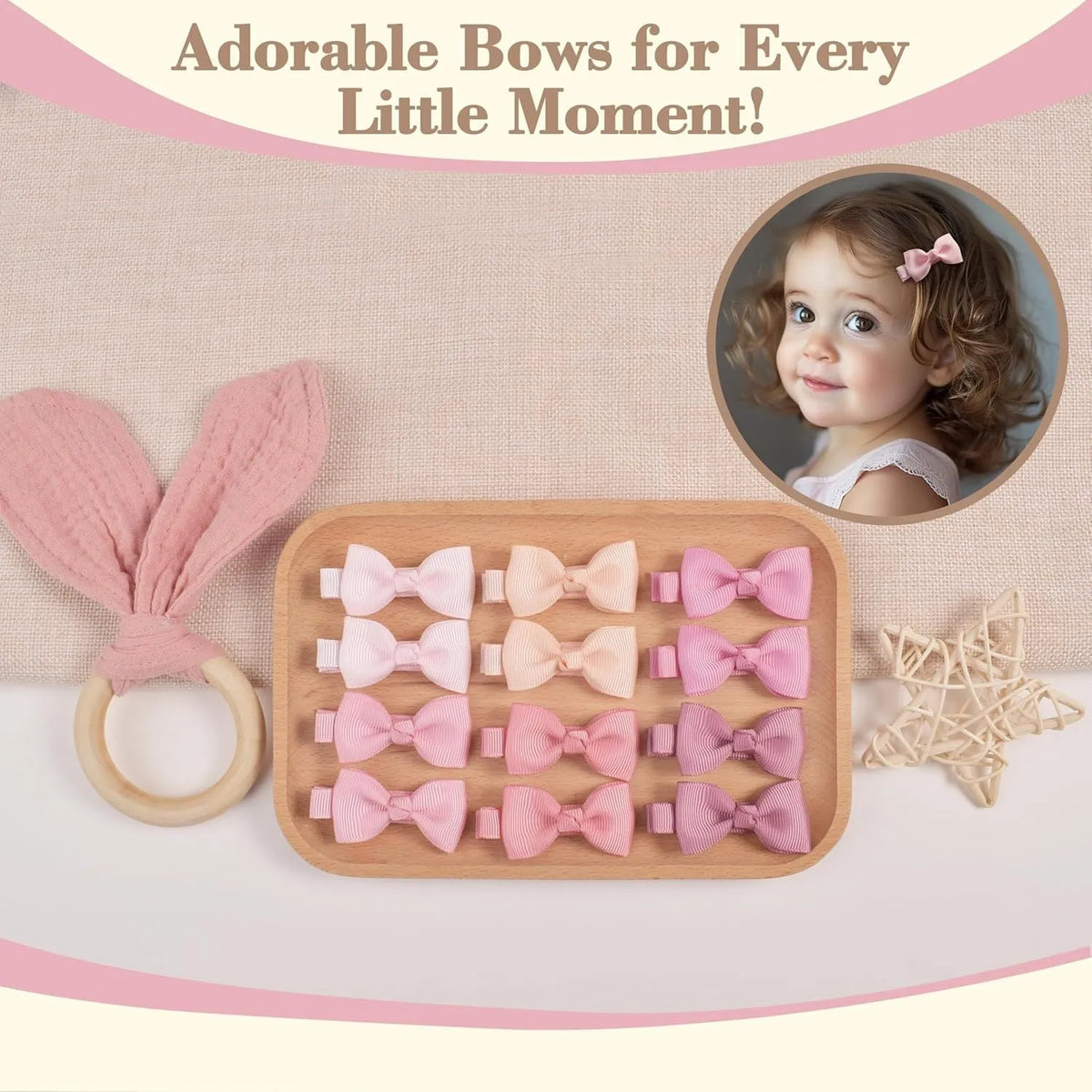 Assortment of pastel-coloured baby hair clips and bows laid out, showing variety of colours.