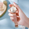 Women's fashion watch with mesh strap, 36mm alloy case, showing six dial colour options