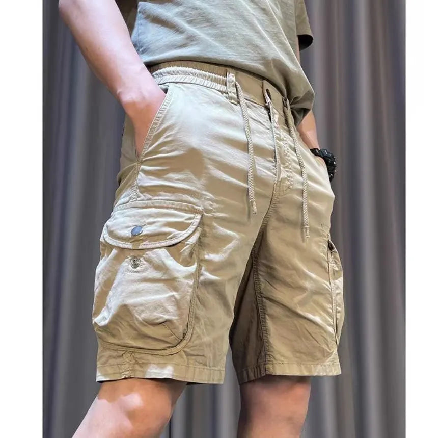 Loose straight multi-pocket casual overalls pants in Korean style with elastic polyester fabric