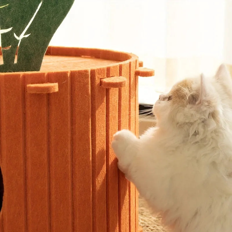 Grey felt cat tunnel with a semi-enclosed drilled design, shown in medium and large size options.
