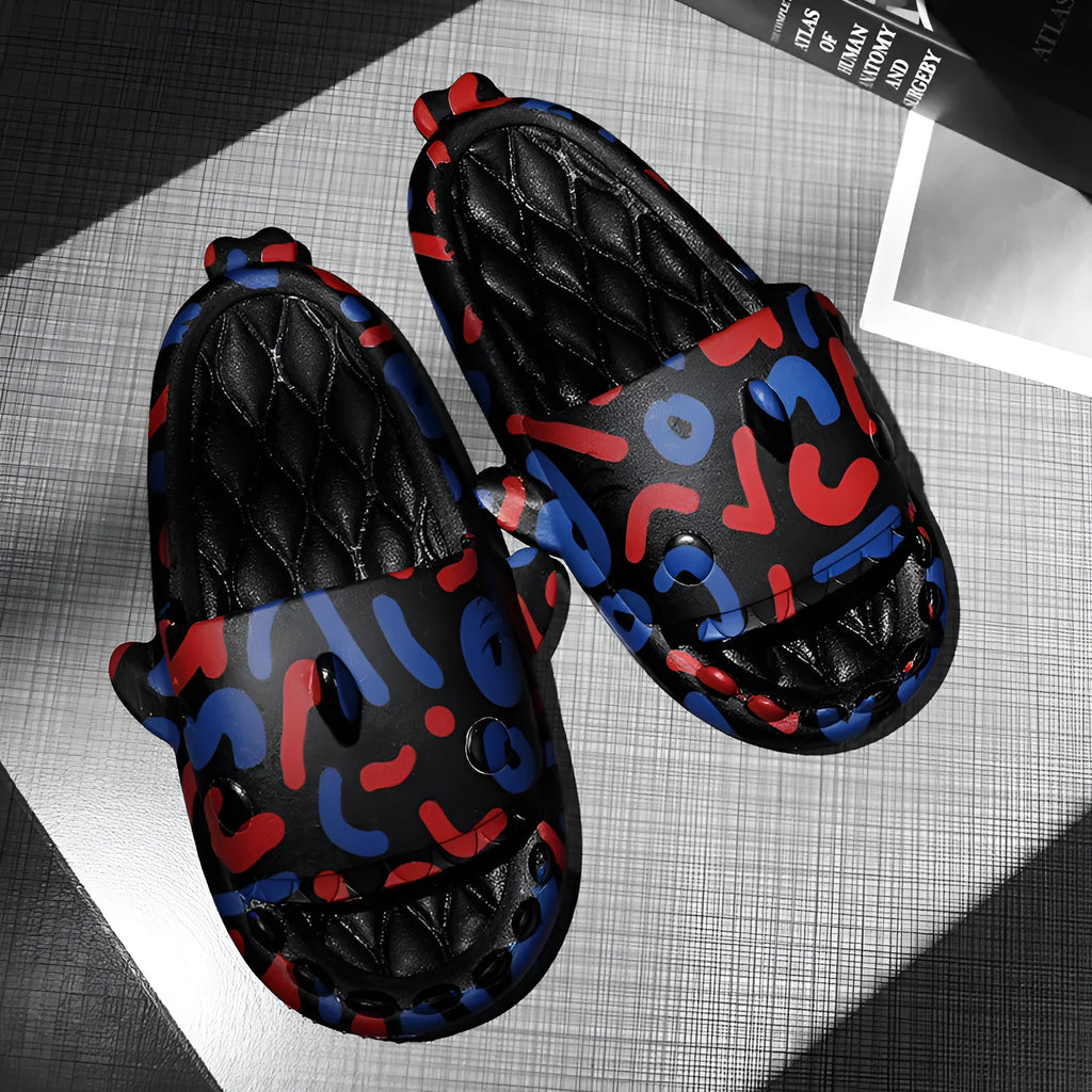 Shark design open-toe EVA slippers for home use in multiple colours and sizes.