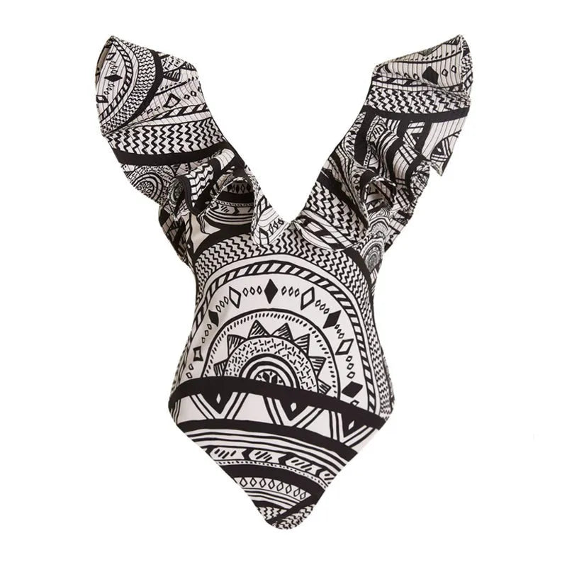 Vintage printed deep V ruffled one-piece swimsuit for women with matching wrap skirt