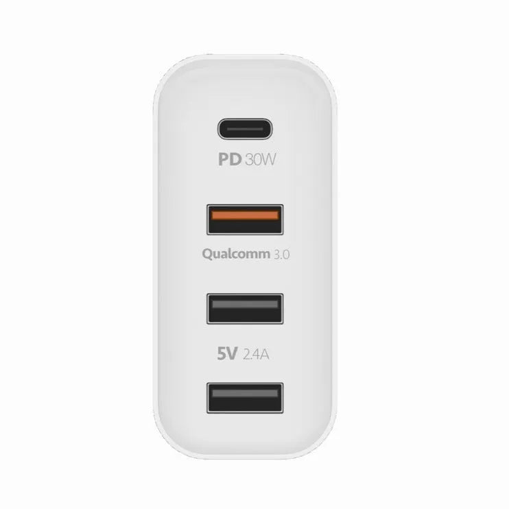 Black 48W four-port USB-C desktop charger with UK plug on a white background.