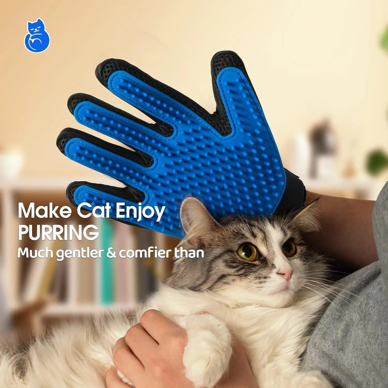Blue silicone pet grooming gloves with silicone tips for removing hair from dogs and cats.