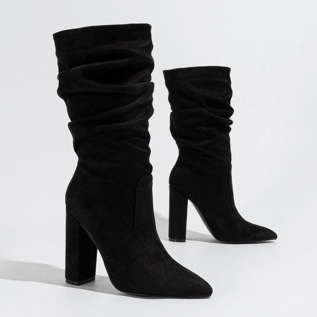 Women's black chunky heel pointed-toe suede boots with above 8cm height and middle calf length