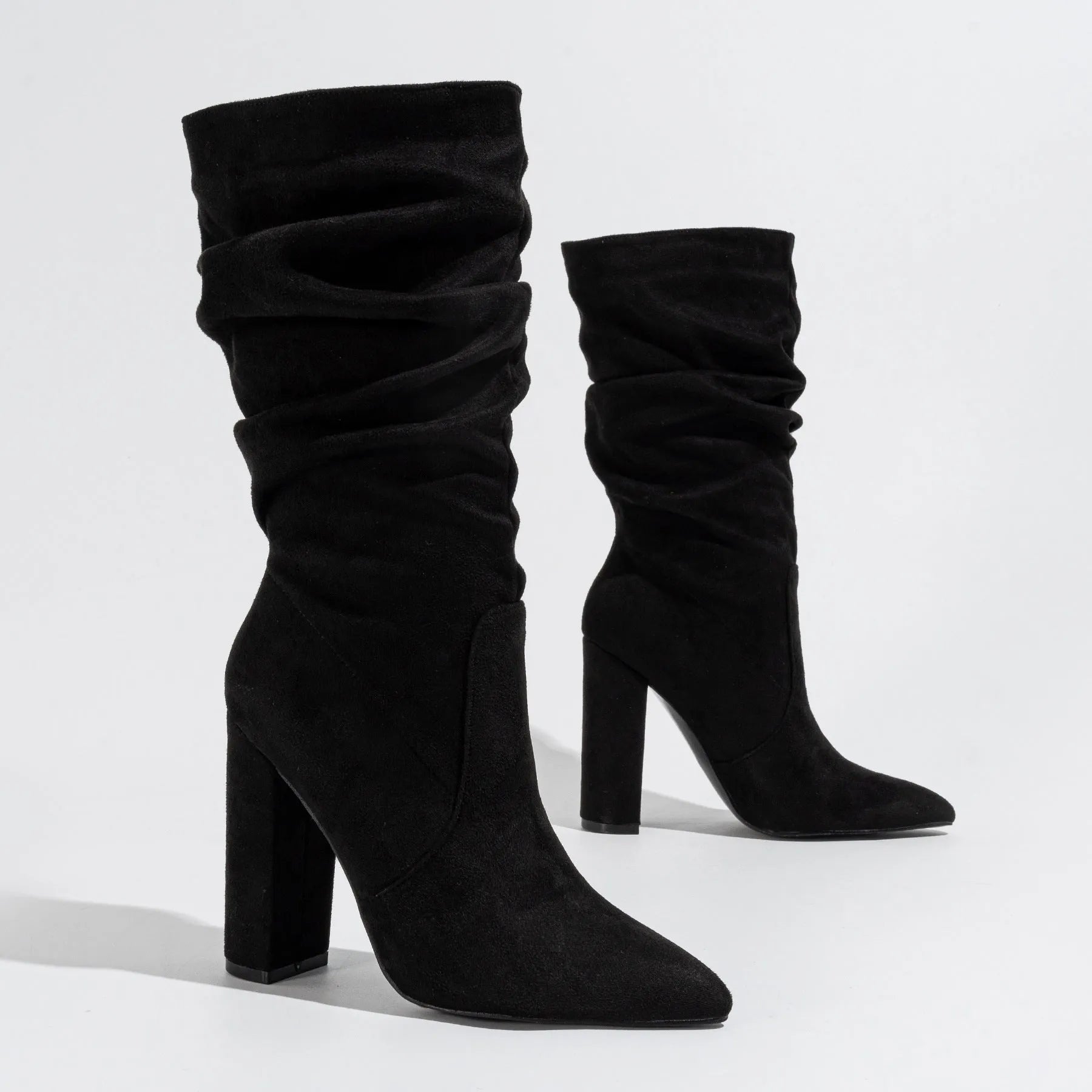 Women's black chunky heel pointed-toe suede boots with above 8cm height and middle calf length