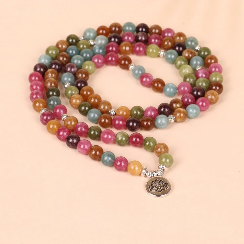 108 bead multi-layer bracelet with hanging lotus design in tourmaline colour