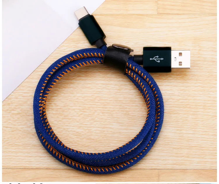 Denim braided Type-C charging cable showing black, blue and red colour options with aluminium alloy connectors