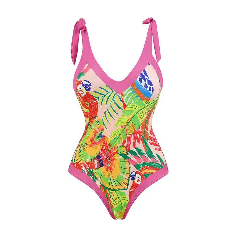 Women's pink floral print retro swimsuit with V-neck and matching skirt