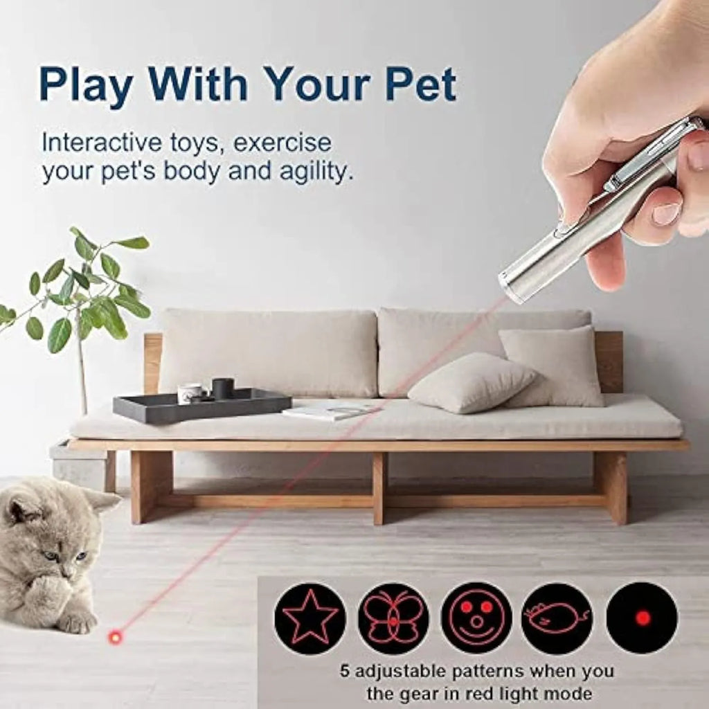 Silver aluminium cat toy pointer with laser patterns for indoor pet play