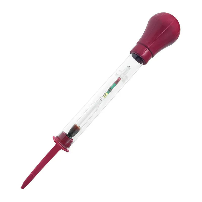 Electrohydraulic hydrometer for automotive battery electrolyte testing with glass construction and suction tube