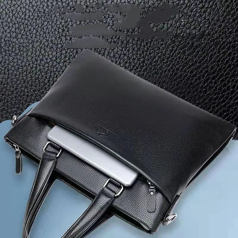 Men's black and brown PU leather business messenger bag with splicing style, shown with crossbody strap.