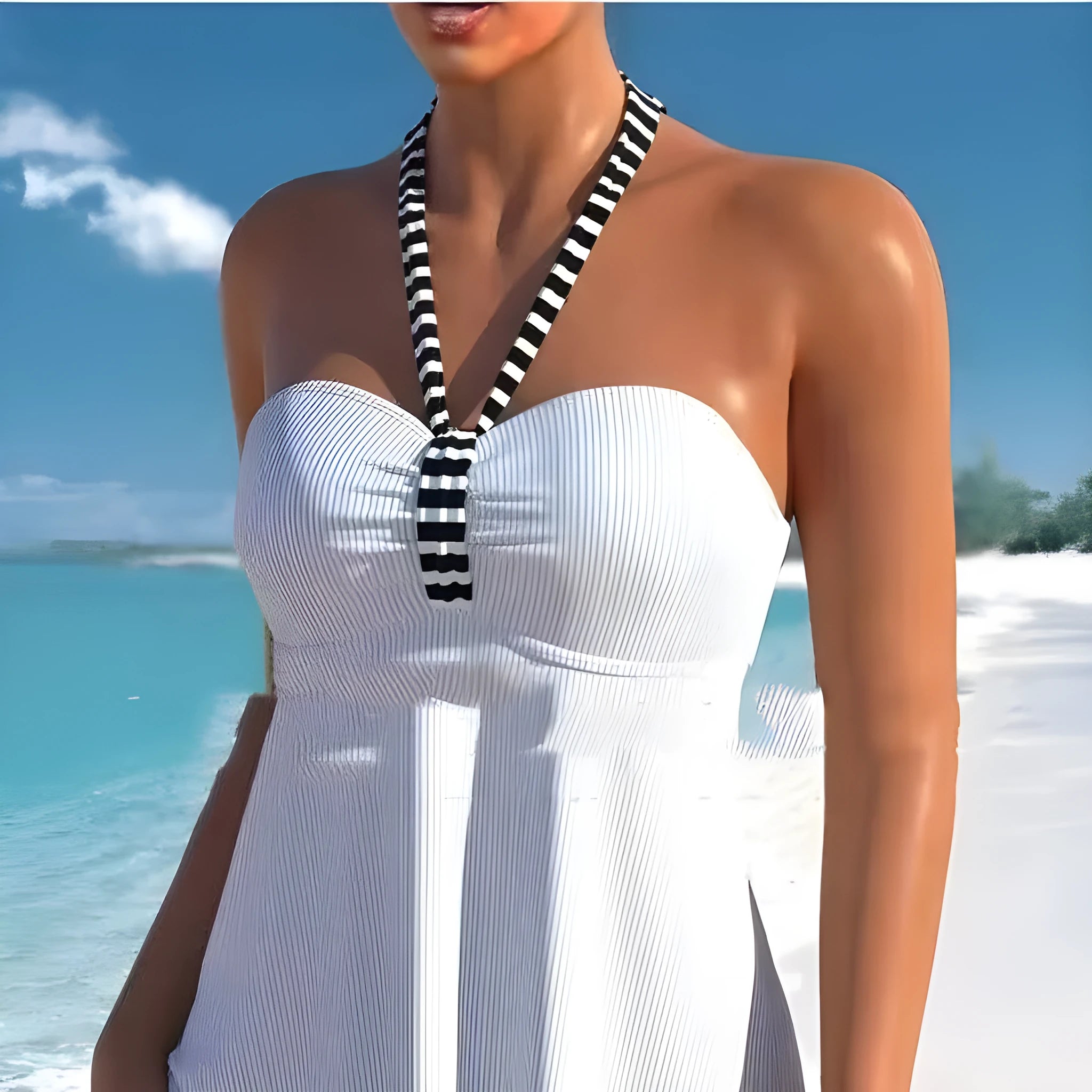 Women's off-the-shoulder swimsuit in black and white stripes, available in green, blue or white.