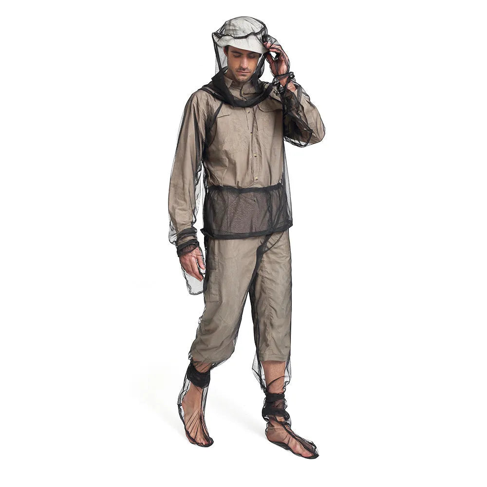 Lightweight mesh anti-mosquito suit set with hood, trousers, and booties for outdoor summer protection.