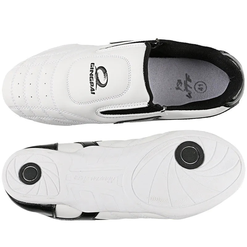 Black and white children's martial arts training shoes with soft bottom and widened design