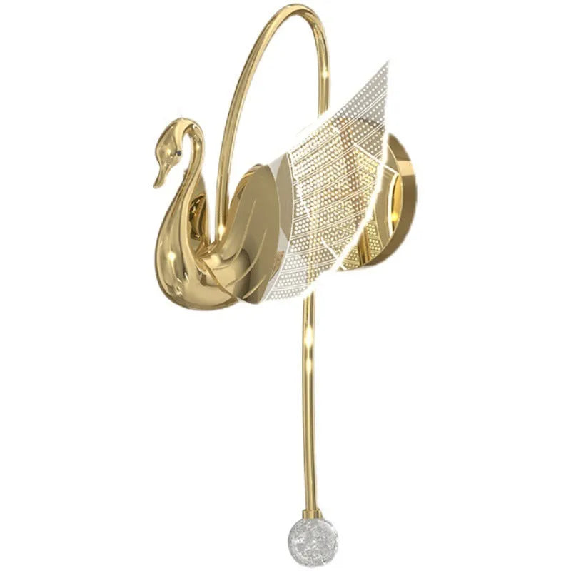 Gold modern swan wall lamp with acrylic shade mounted beside bed