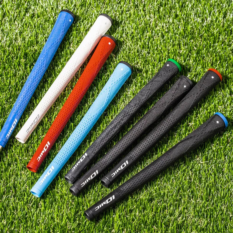 Single TPE material golf club grip shown in various colours including pink, red, blue, white, and black with red, green, or blue heads.