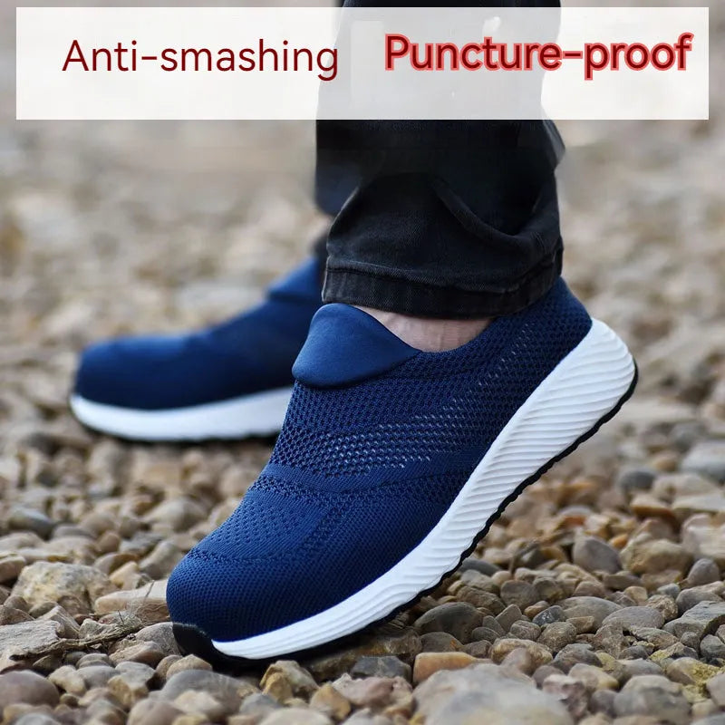 Men's lightweight steel toe work shoes in black, blue or red colours with mesh upper